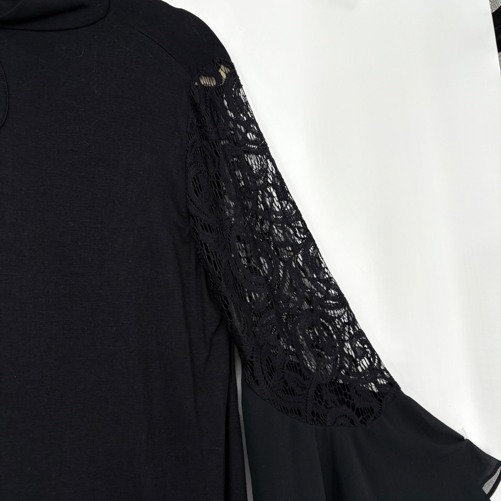 NWT L Joseph A Black Mock Neck Keyhole Bell Sleeve Lace Detail Blouse Top Dressy - Picture 5 of 13